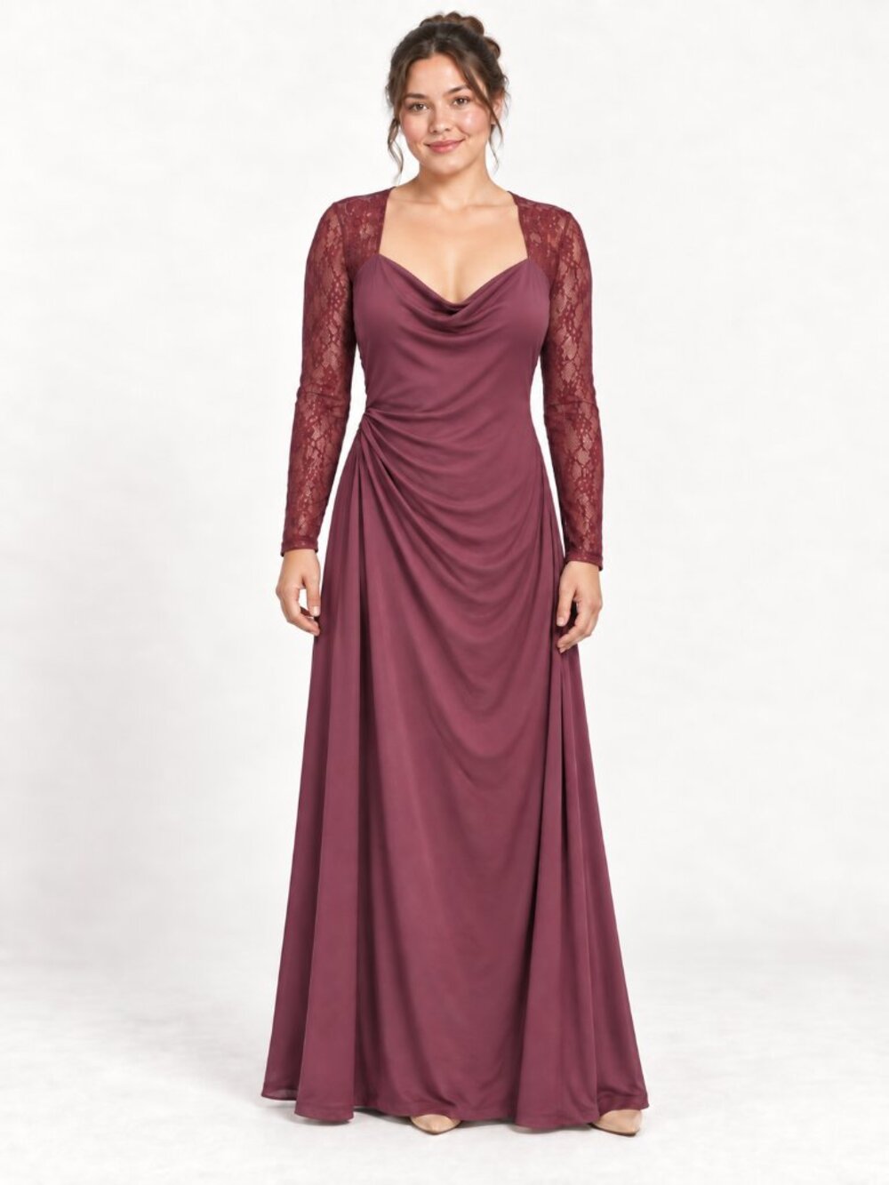 NWT Halara Cowl Neck Lace Long Sleeve Ruched Maxi Dress XL Burgundy